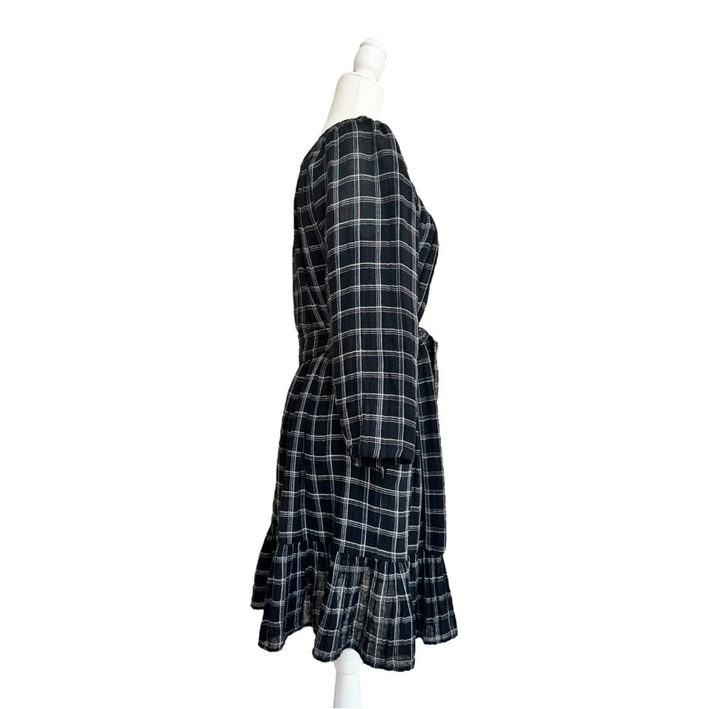 La Vie Rebecca Taylor Black Silver Plaid Long Sleeve Ruffle Womens Size S Belted - Picture 2 of 15